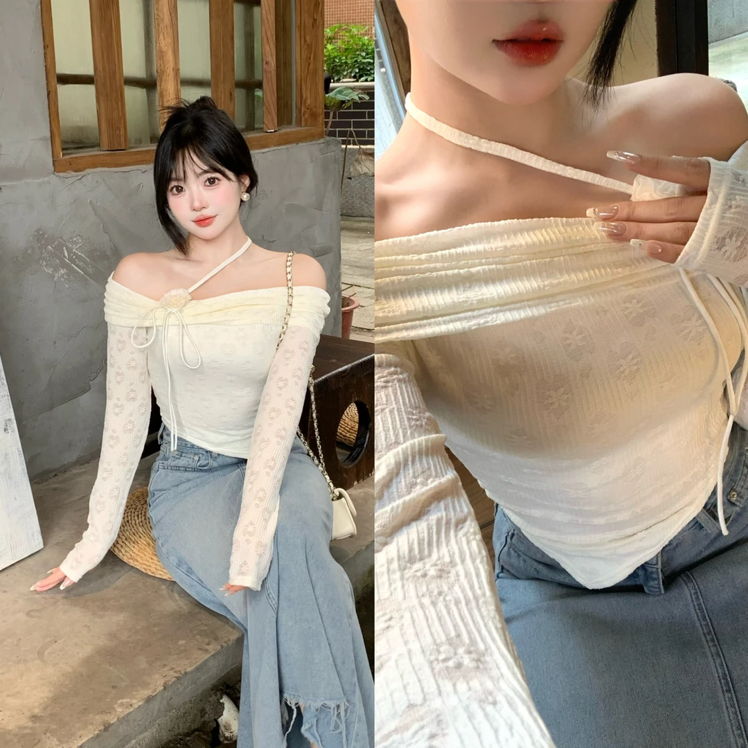 MengFairy清清【罗曼蒂克】一字肩高弹不规则下摆上衣 高智淡人3577