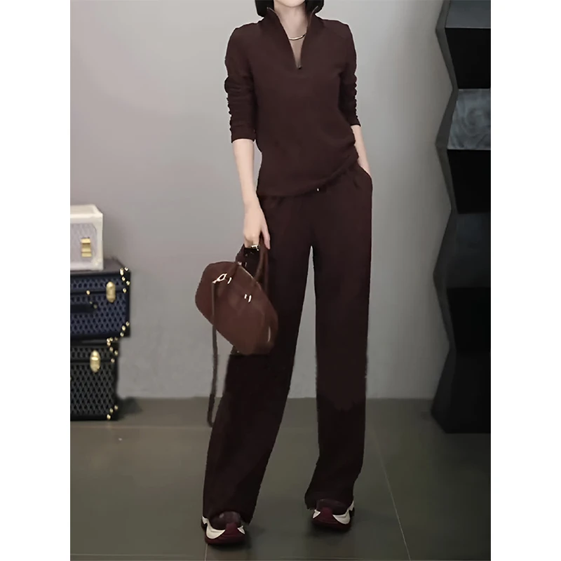咖色时尚套装女秋冬新款立领版拉链绒面保暖气质休闲显瘦两件套装