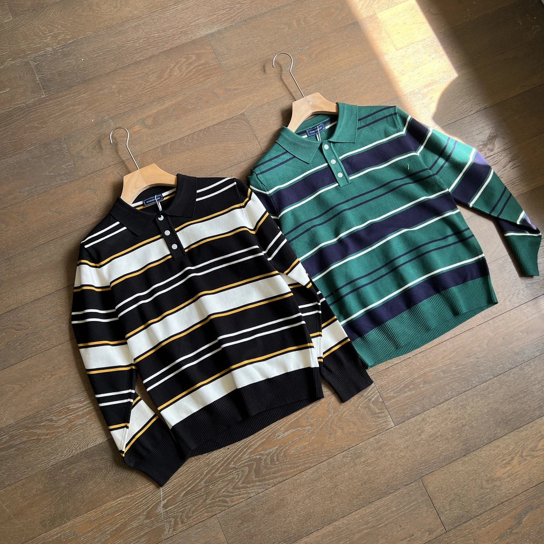 商务撞色休闲条纹翻领长袖POLO毛衣百搭个性通勤针织POLO衫保暖潮