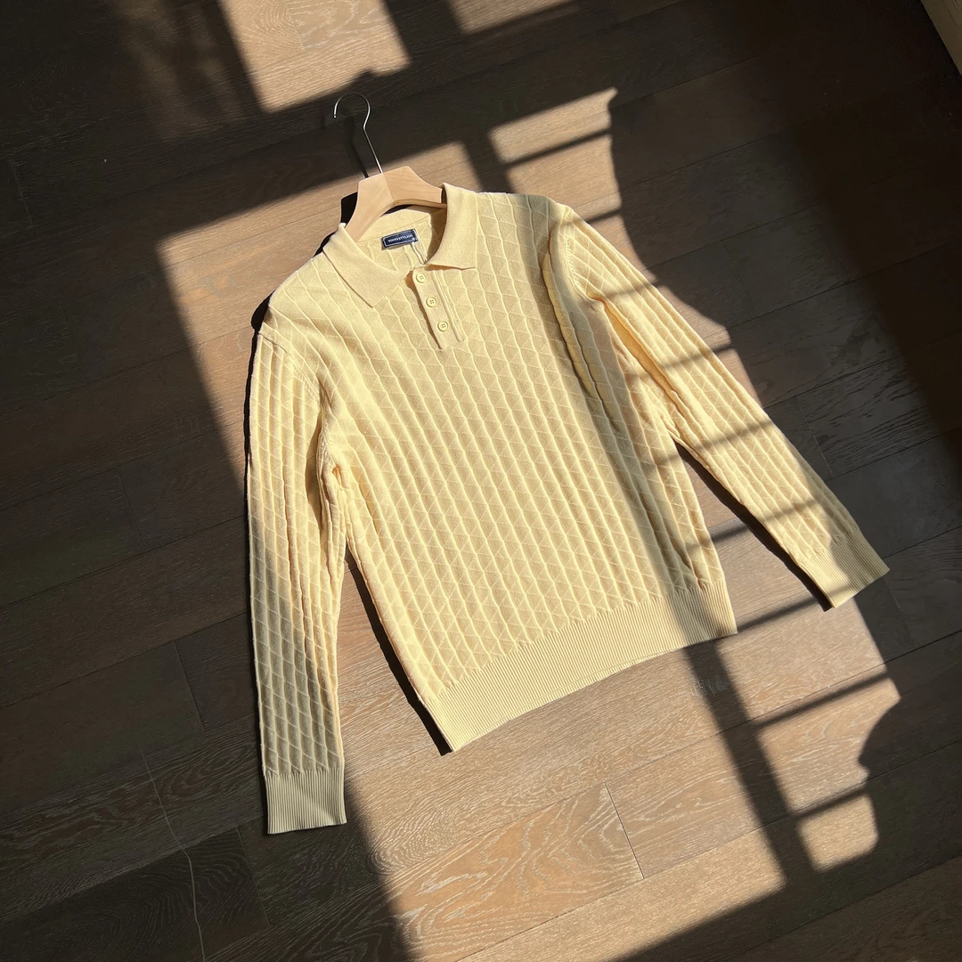 英伦立体格子翻领毛衣长袖POLO毛衣百搭个性通勤针织POLO衫保暖潮