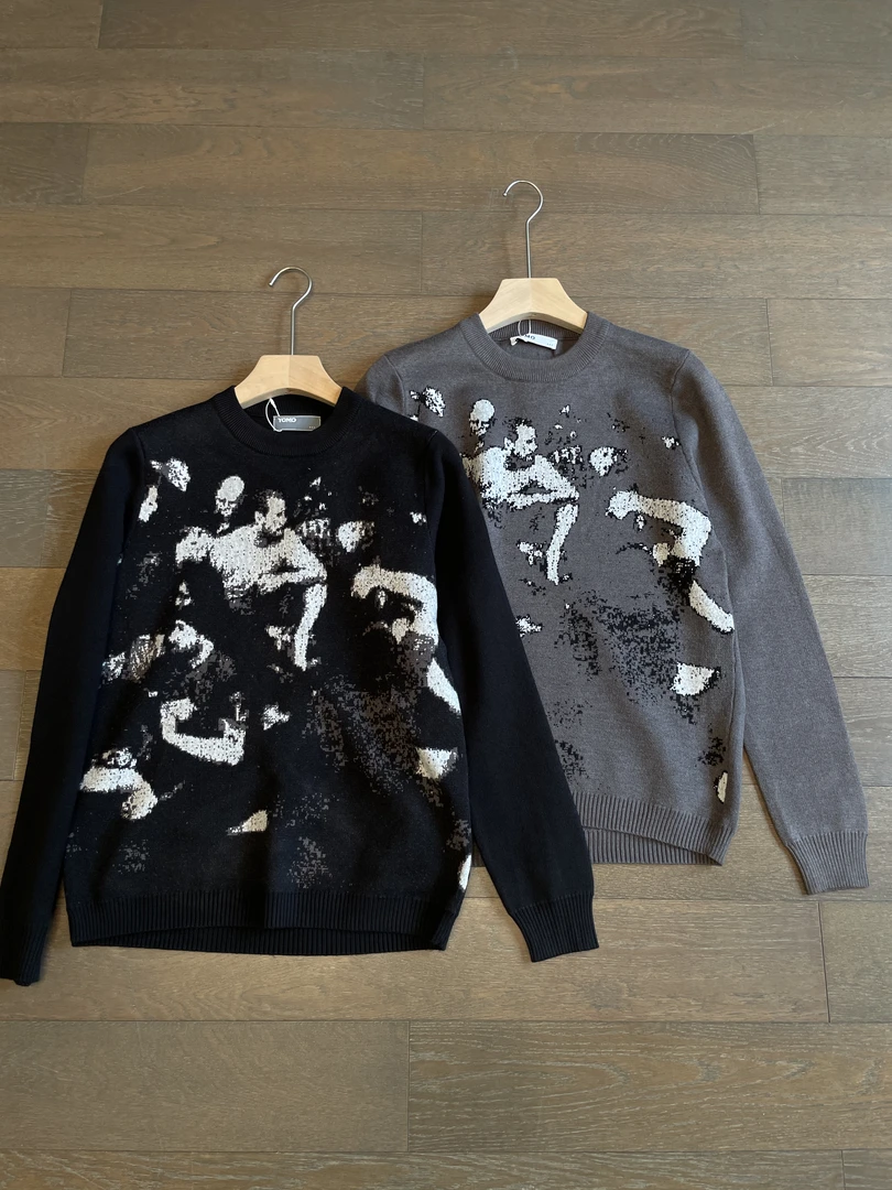 秋冬加厚艺术感人像提花氛围感重工欧美复古风圆领套头毛衣