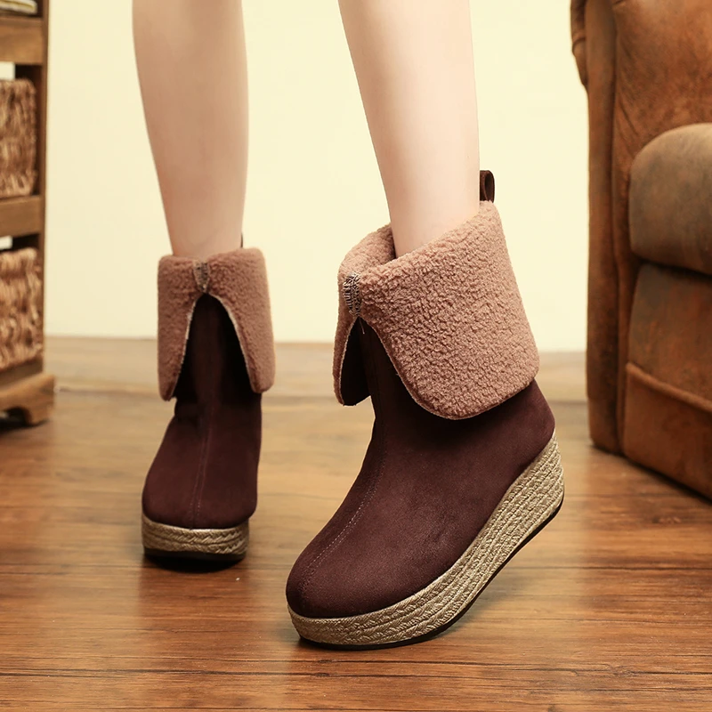 B 【汉诺依】1618-30新款麂皮绒翻毛口鞋羊羔毛复古松糕底舒适靴子