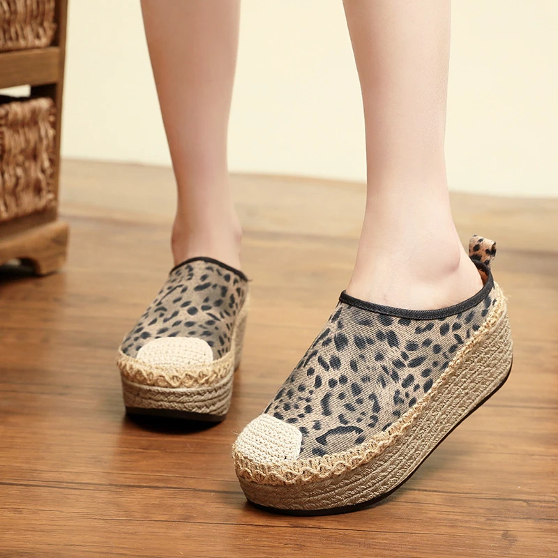 孤品 1618-63豹纹包头厚底半拖鞋女外穿拖鞋春季新款无后跟半