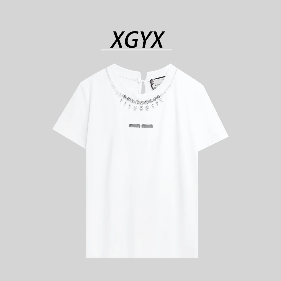 24春夏款重工钉珠钉钻工艺圆领时尚白色短袖休闲T恤1524