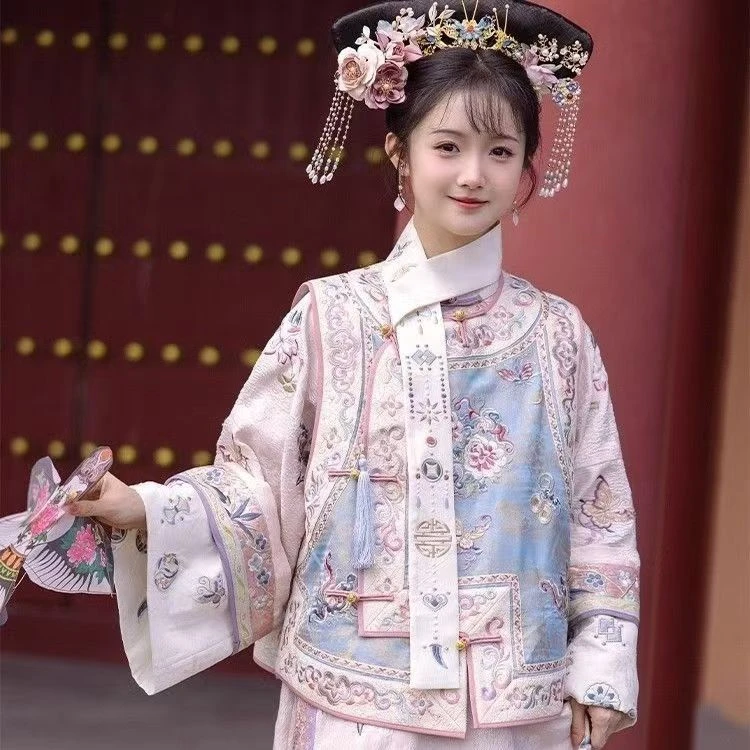 汉服女清代印花古装清朝延吉公主旗袍宫廷格格服两件套旅拍服装女