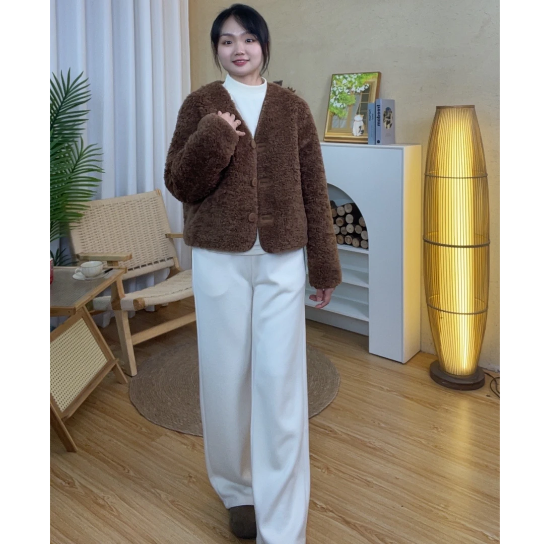 【回眸】原创新款澳洲绵羊毛V领开衫皮毛一体保暖外套经典百搭