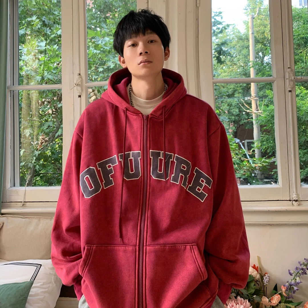 水洗做旧开衫卫衣男春季小众设计感潮牌高街上衣美式复古连帽外套