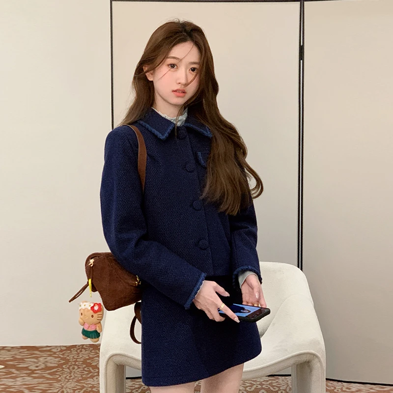 肉完冬季复古藏蓝色时尚粗花尼小香风套装2023新款爆款秋冬小个子