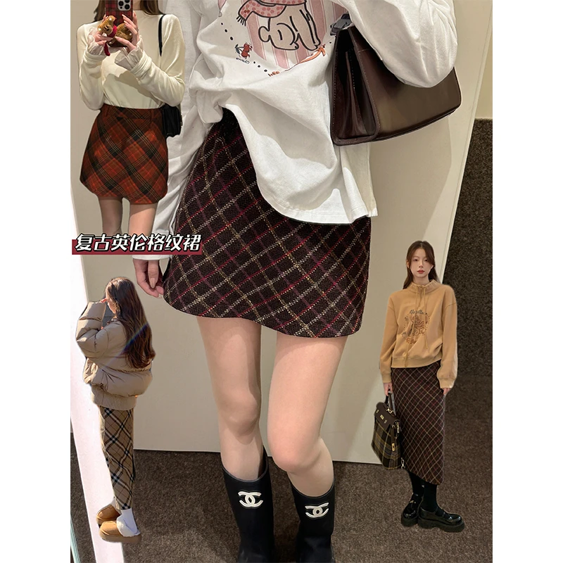 肉完冬季复古红色格纹半身裙女2025新款秋冬款小个子高腰短裙长裙
