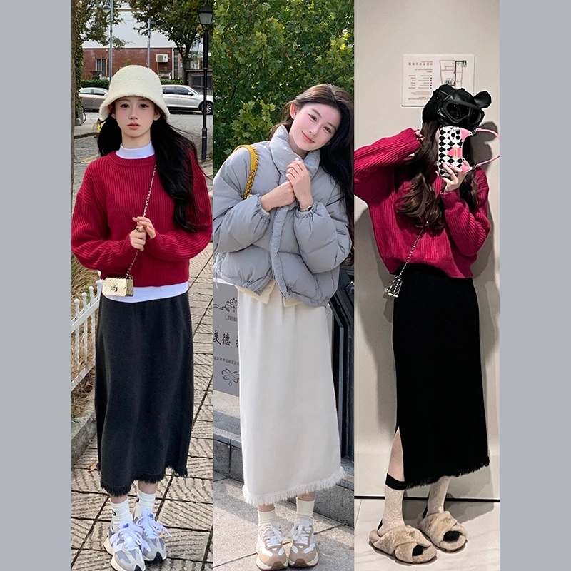 肉完【晨曦少女】秋冬流苏针织半身裙韩系中长款休闲洋气直筒裙