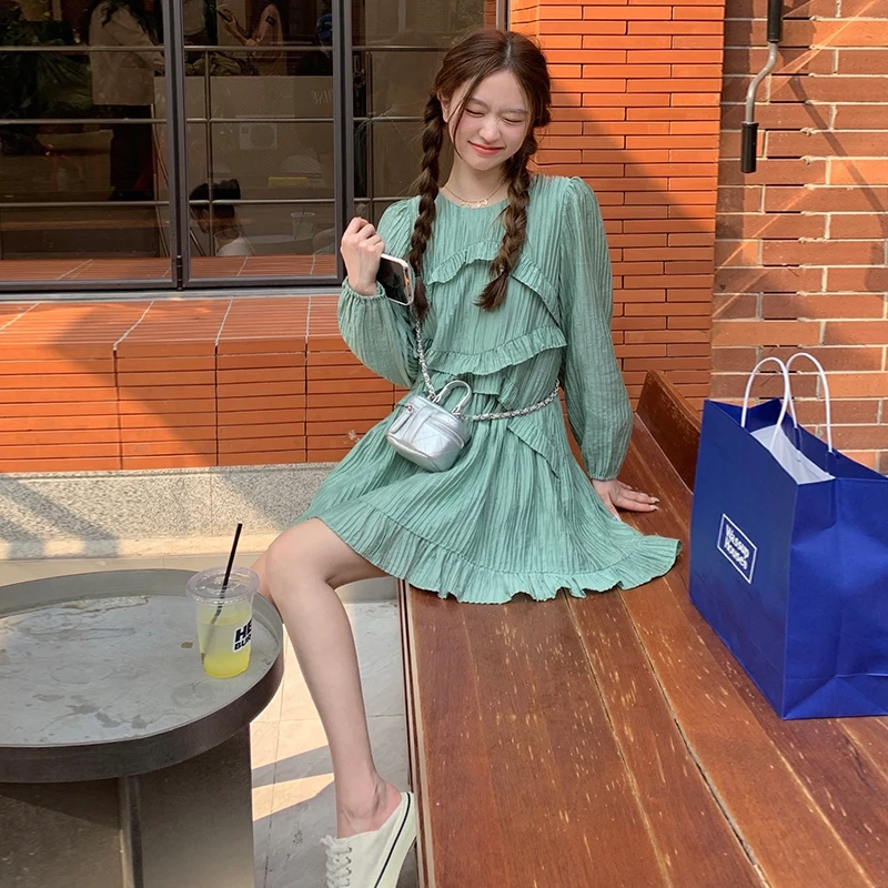 肉完【蔷薇岛】春秋荷叶边压皱甜美连衣裙女小个子娃娃款收腰裙子