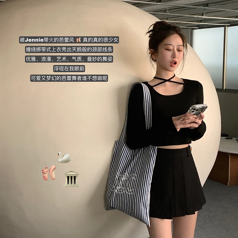 肉完少女交叉绑带纯色长袖T恤薄款百搭甜美短款上衣女春秋薄外穿