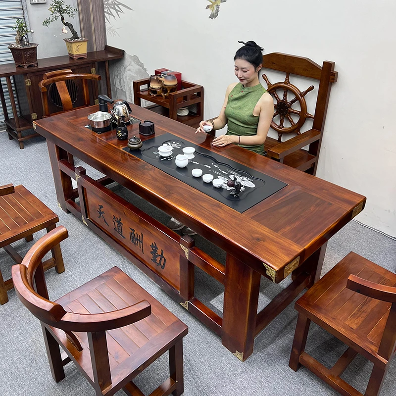 老船木桌椅组合中式家用客厅功夫喝茶几简约办公室一体泡茶台整套