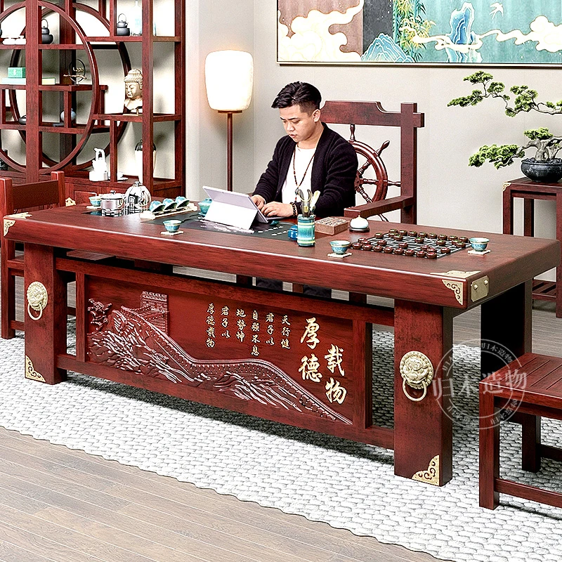 老船木茶桌椅组合一桌五椅实木功夫泡茶台家用办公室浮雕茶桌套装