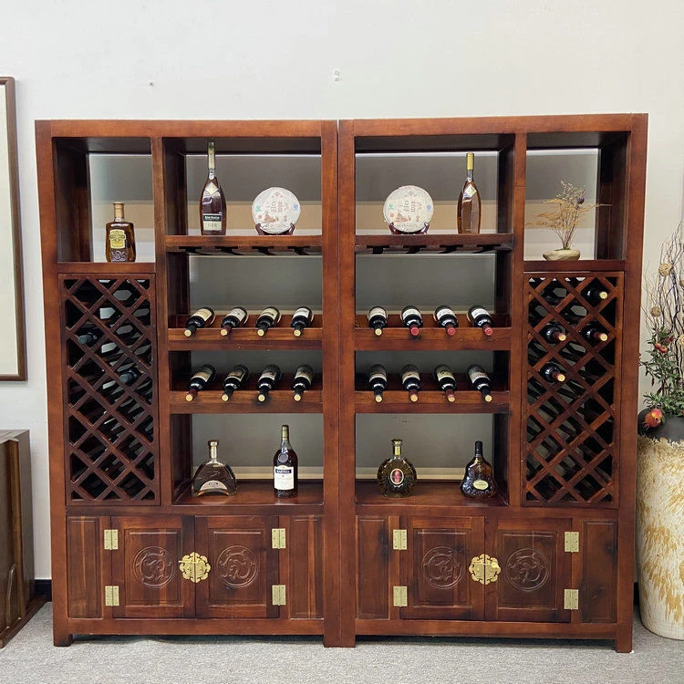 老船木酒柜博古架客厅置物架隔断实木中式复古展示柜红酒庄架柜子
