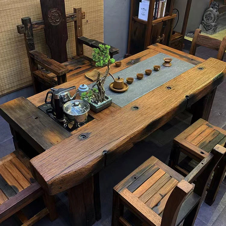 老船木中式复古茶桌椅茶几实木艺术禅意办公室组合庭院户外泡茶台
