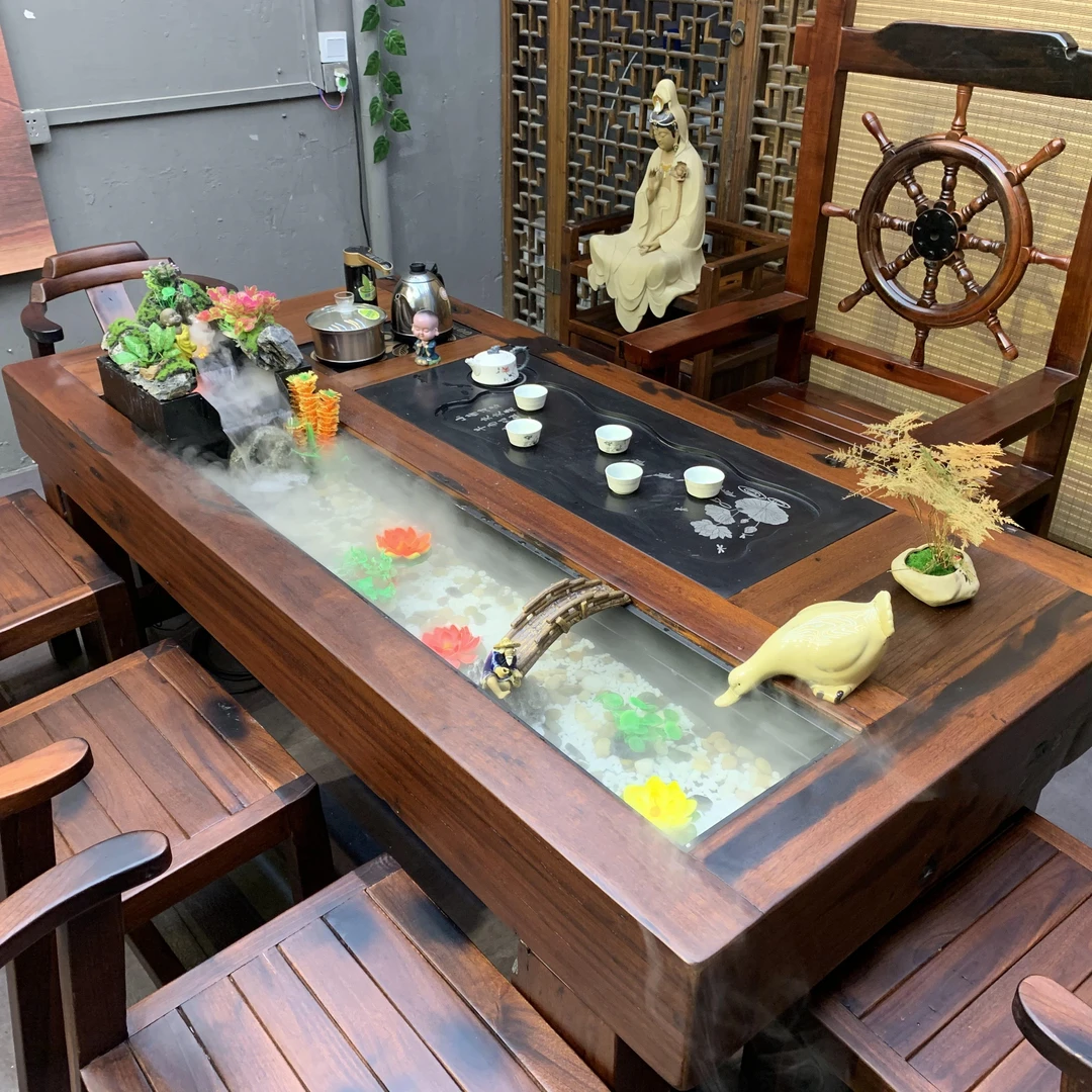 新款功夫茶桌椅组合老船木流水循环养鱼实木茶几茶台带烧水壶一体