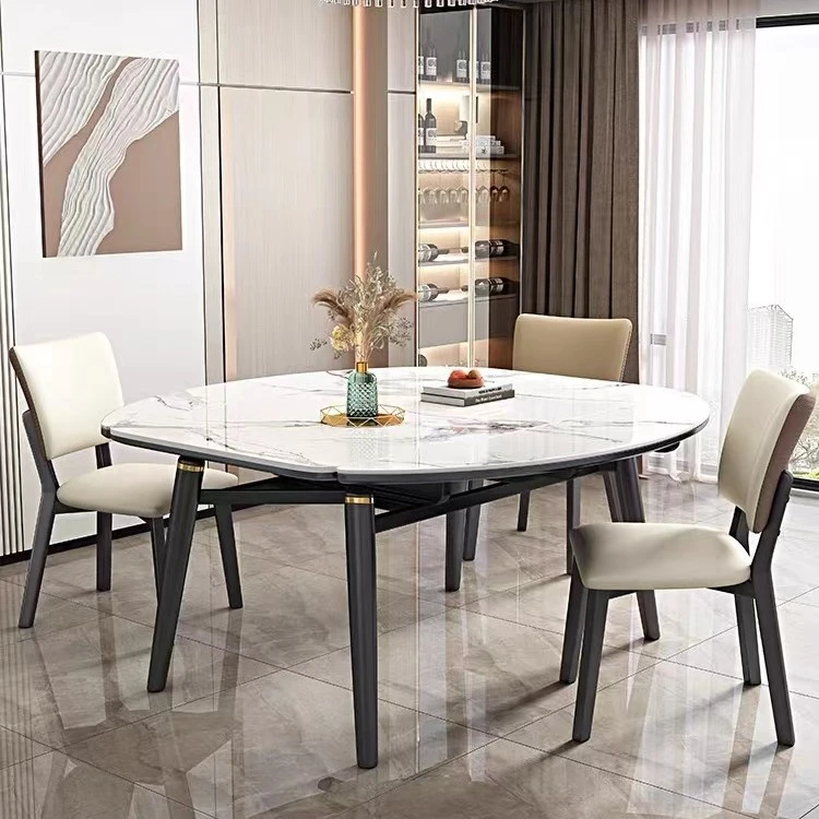 轻奢岩板餐桌小户型家用现代简约伸缩折叠圆桌高端实木饭桌椅组合