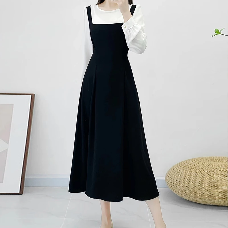 2024秋季新款长袖连衣裙大码收腰假两件显瘦法式中长款裙子女1579