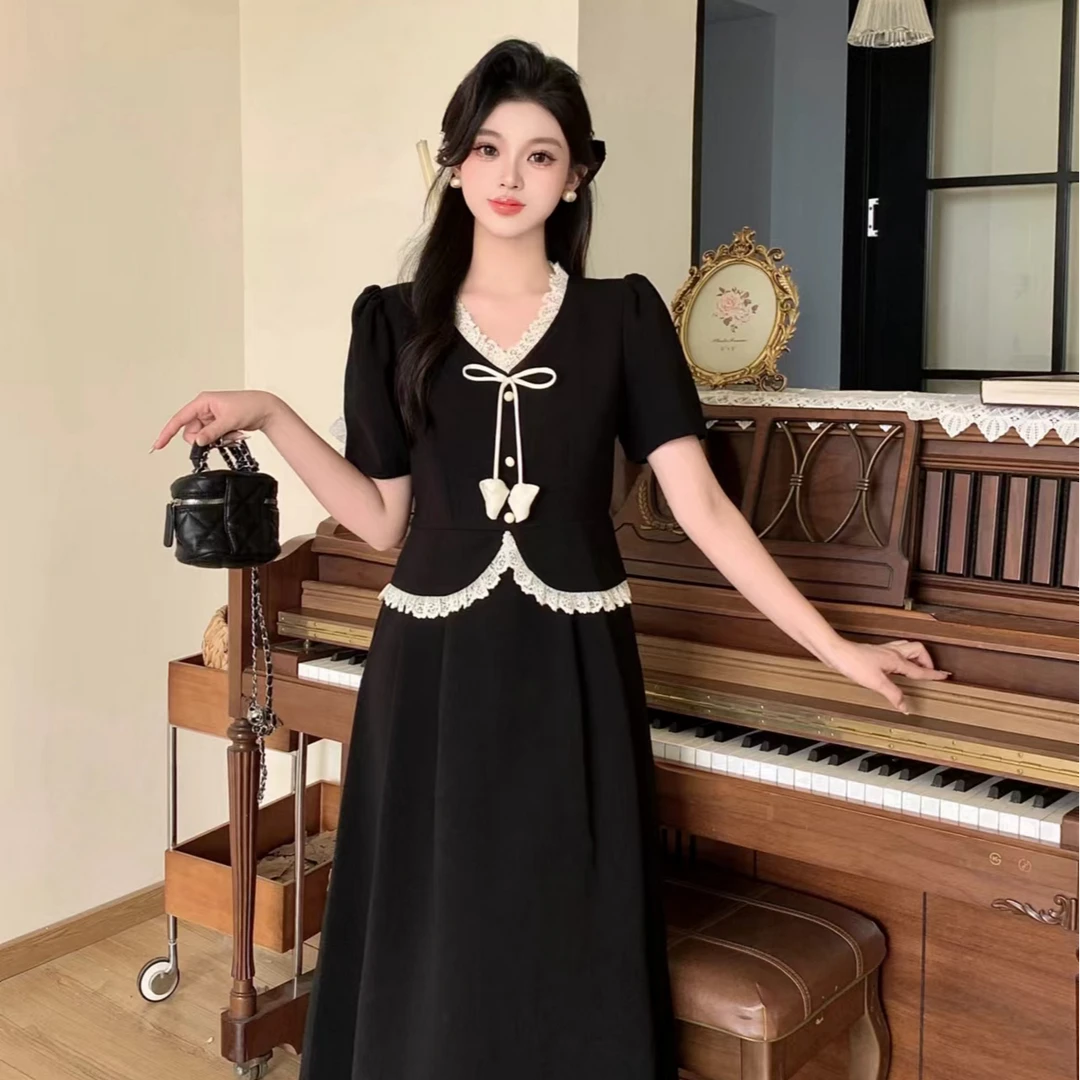 夏季大码法式胖mm蕾丝V领设计感撞色收腰显瘦假两件连衣裙女1508