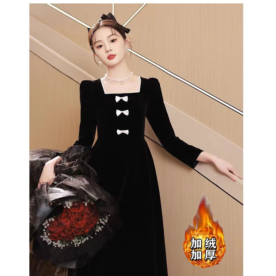 大码晚礼服胖mm显瘦高腰遮肚黑色年会宴会法式轻奢连衣裙1685