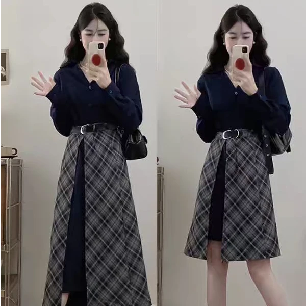 大码复古假两件长袖连衣裙女秋季高级感衬衫裙胖MM显瘦长裙子1620