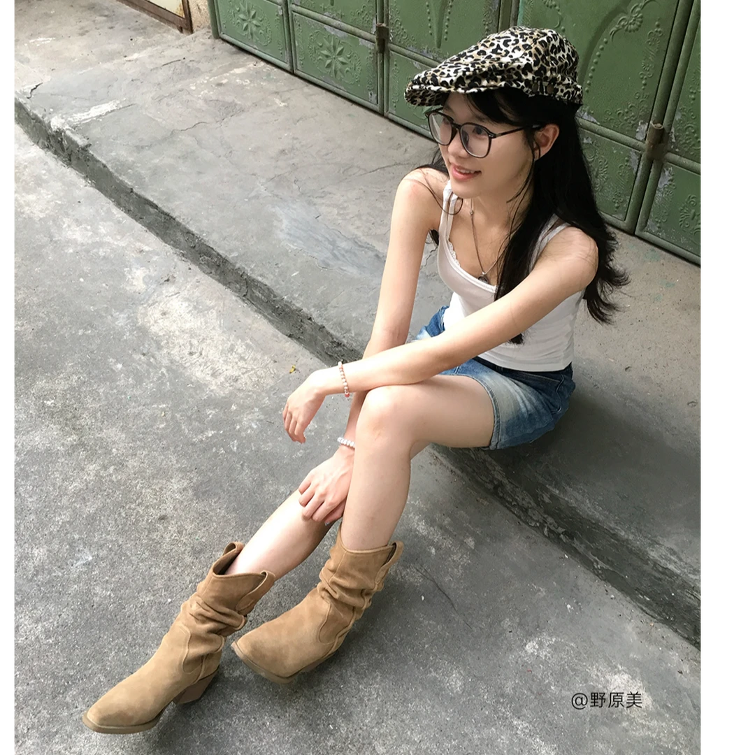 孙千同款尖头短靴瘦瘦靴子秋日记忆骑士靴高跟堆堆靴女赵露思短靴