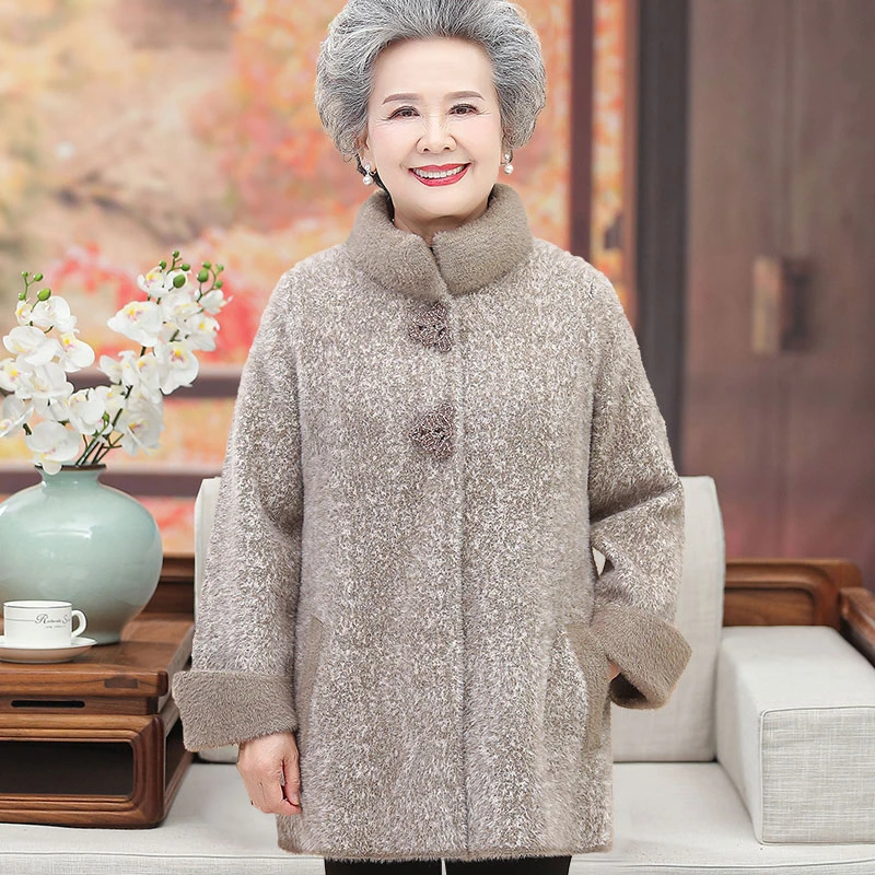 奶奶装中老年人冬装女款外套加厚毛呢老太太保暖妈妈装仿貂绒大衣