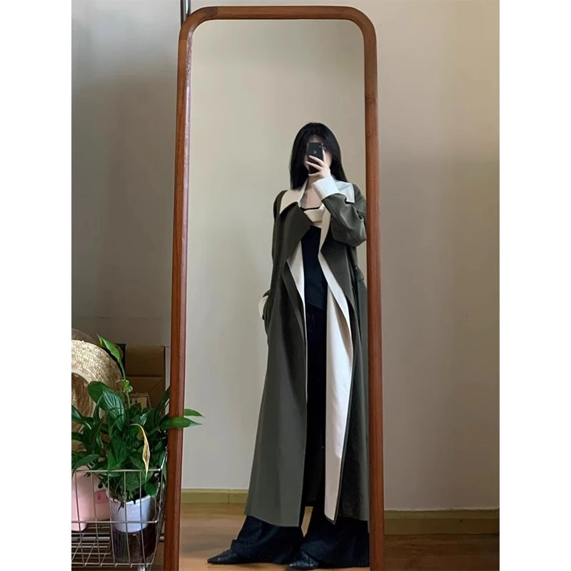 法式假两件长款风衣外套女2025春秋新款设计感小众宽松高级感大衣