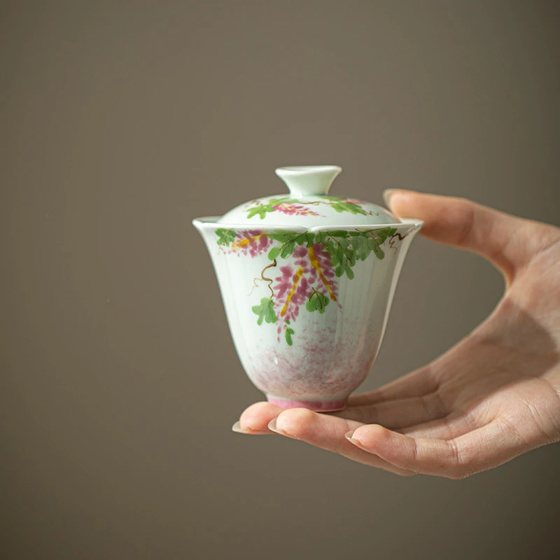 瓷造 手绘紫藤花盖碗女士茶具高款雅迟葵口茶碗仿古泥家用泡茶碗