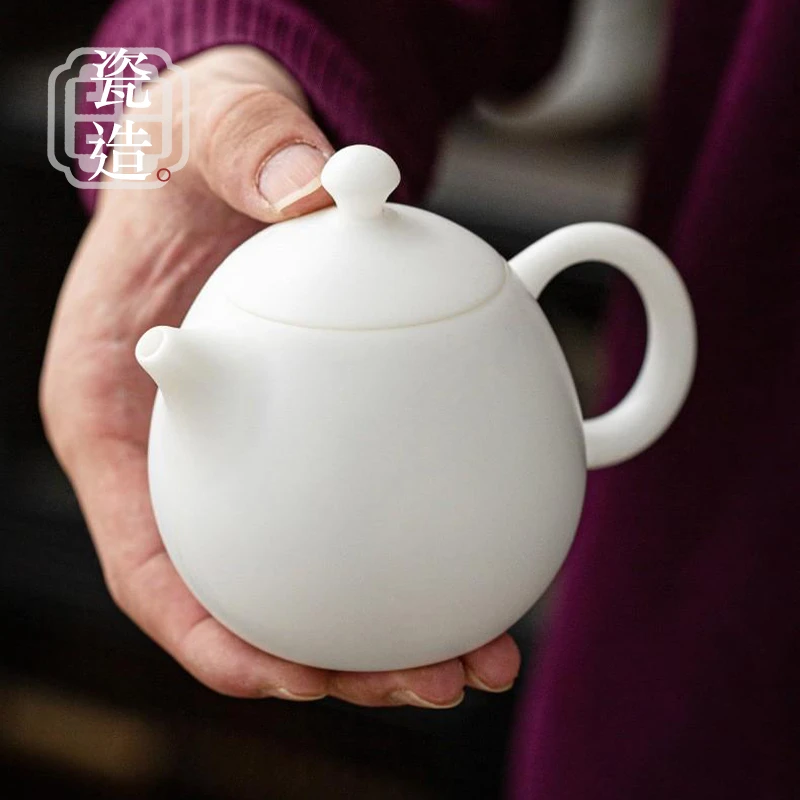 瓷造羊脂玉瓷龙蛋壶家用中式简约陶瓷壶茶具创意冰种茶壶泡茶壶