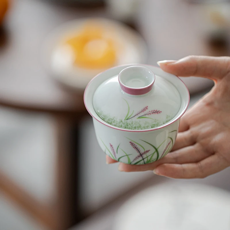 瓷造 狗尾巴草手绘盖碗紫色陶瓷高款泡茶功夫茶具女士家用茶碗