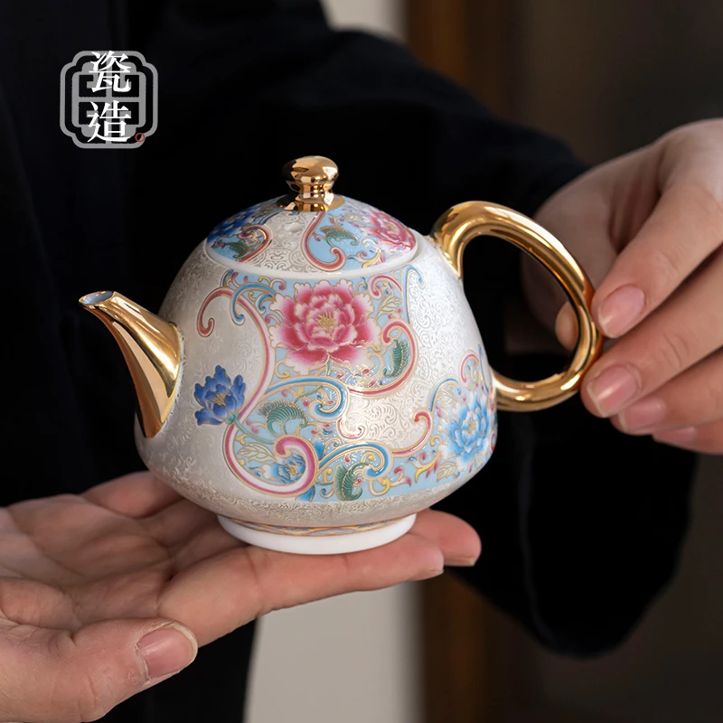 瓷造 掐丝银知音壶珐琅彩羊脂玉瓷中式复古茶壶家用女士茶具礼盒