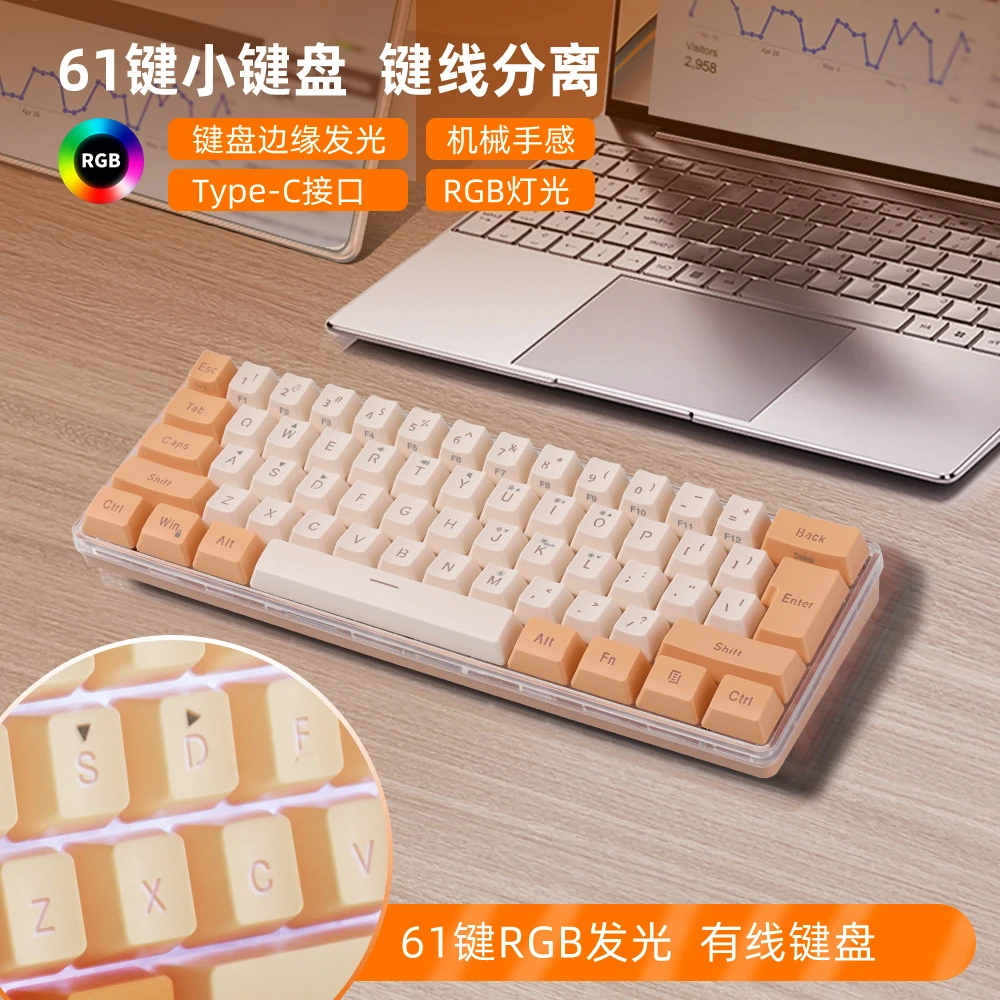 61键拼色键帽机械手感小型便携键盘有线RGB灯笔记本台式游戏电竞