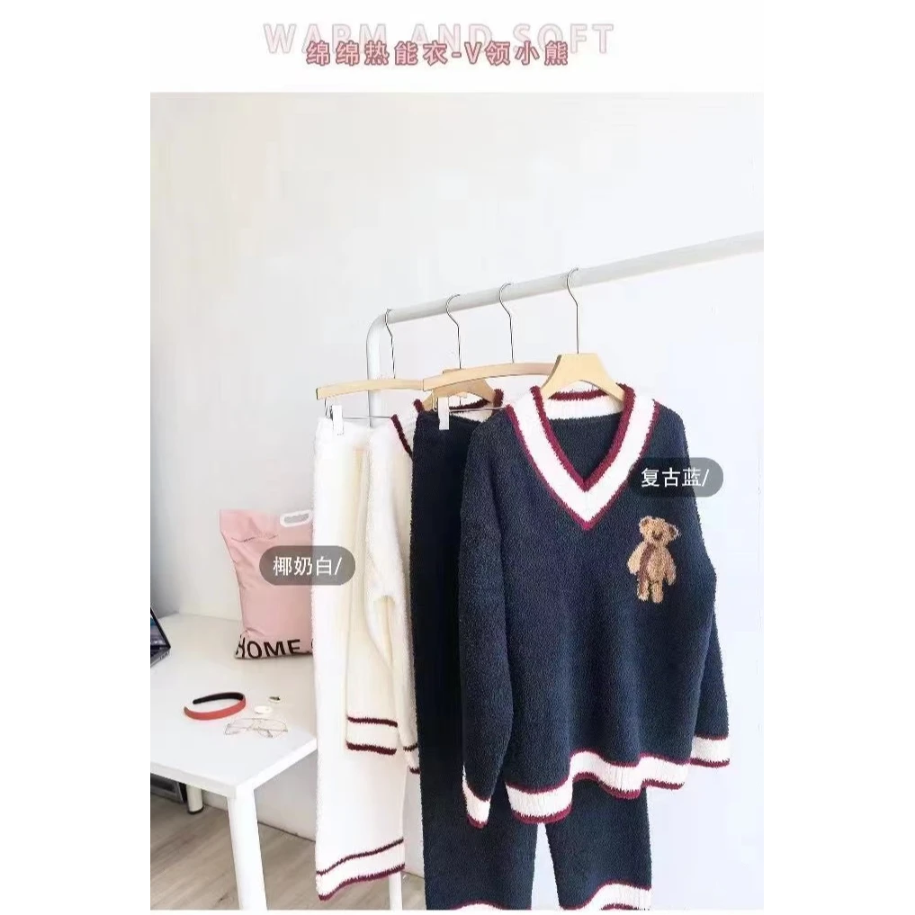 半边绒家居服时尚女士复古加厚秋冬休闲百搭宽松撞色韩版套装