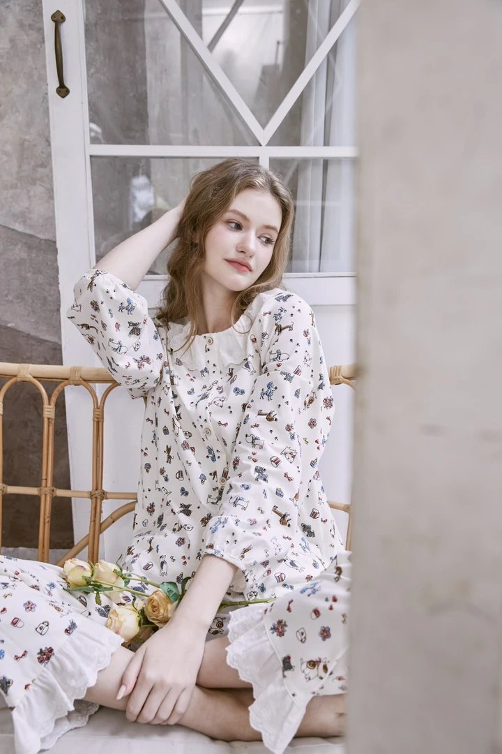 女士夏季睡衣显瘦睡裙秋季碎花长袖时尚家居服法式印花甜美裙子