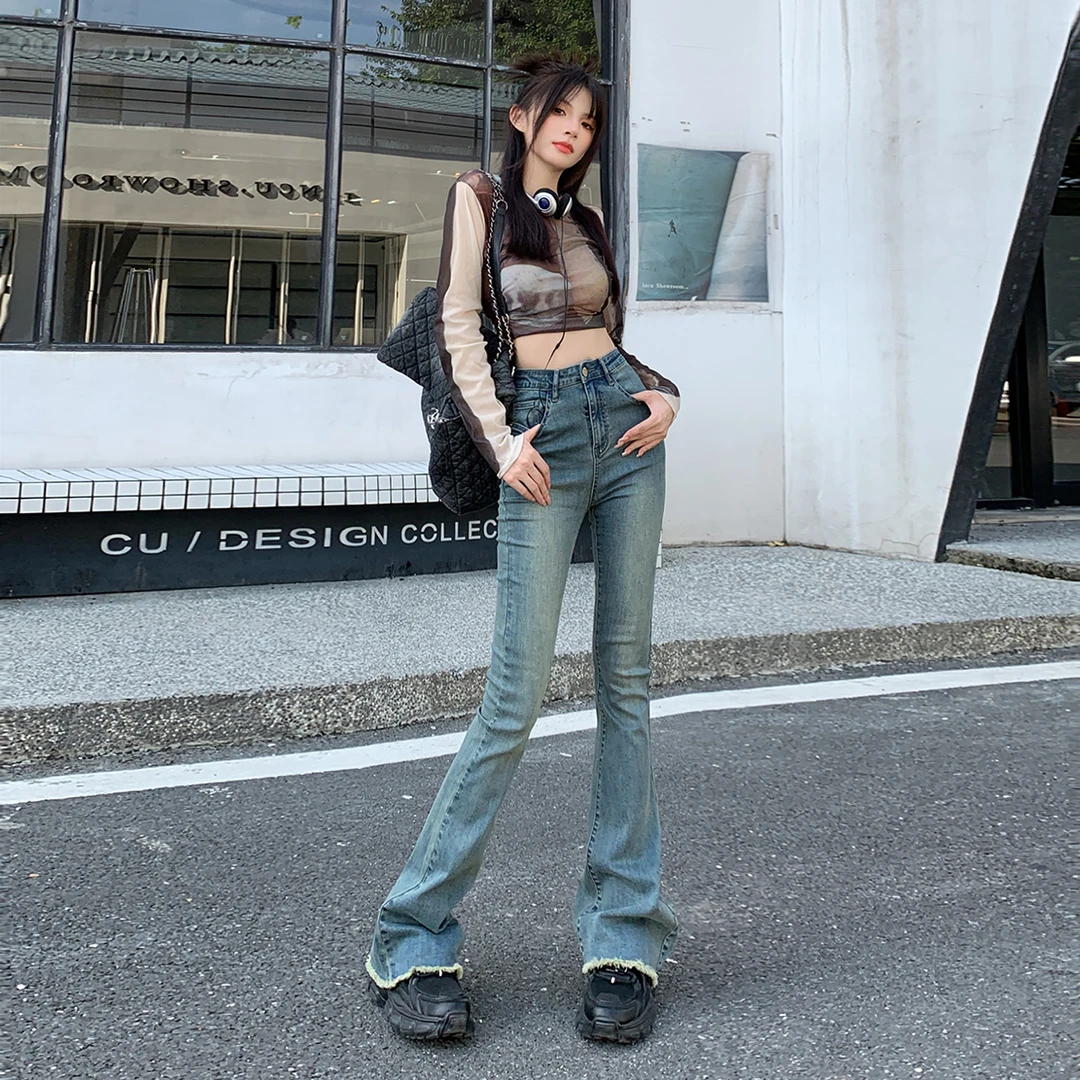 开春新款时尚复古高腰弹力修身显瘦时尚毛边拖地喇叭女士牛仔裤