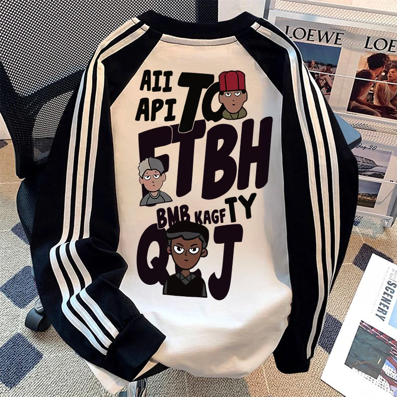 100%纯棉卡通字母印花圆领三条杠插肩长袖t恤男女早秋长袖上衣服