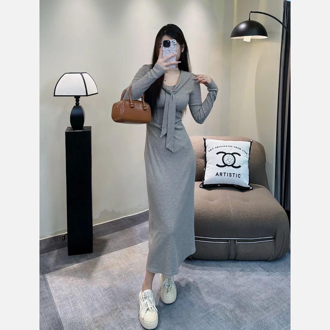 曼曼~新款时尚显瘦高腰收腰针织秋季设计感法式气质长裙