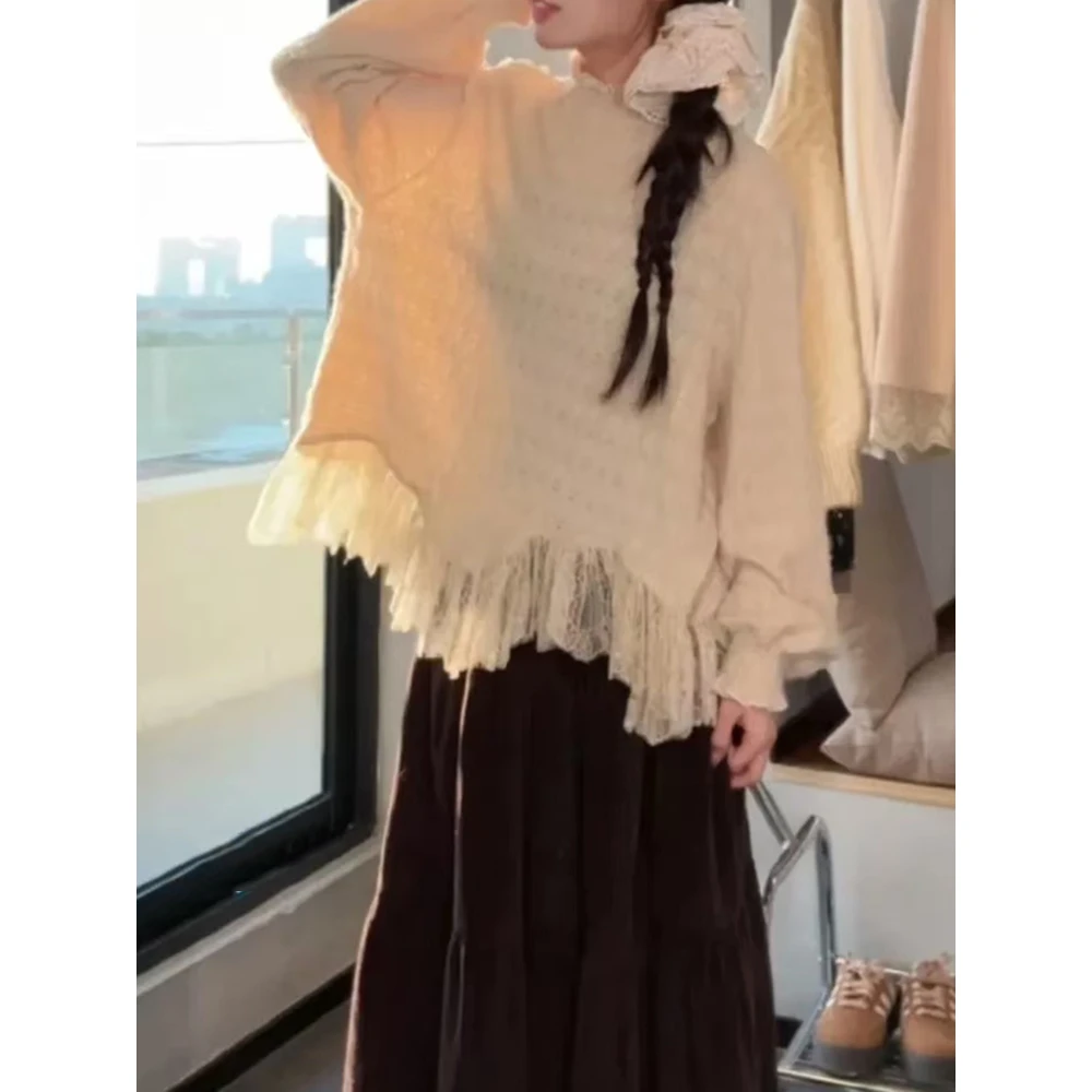 内搭【卡布奇诺】秋冬加厚新款蕾丝拼接打底衫女