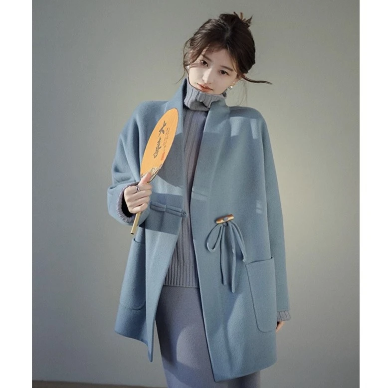 冬款双面绵羊毛呢蓝色大衣高端韩版宽松新中式盘扣短款冬款外套