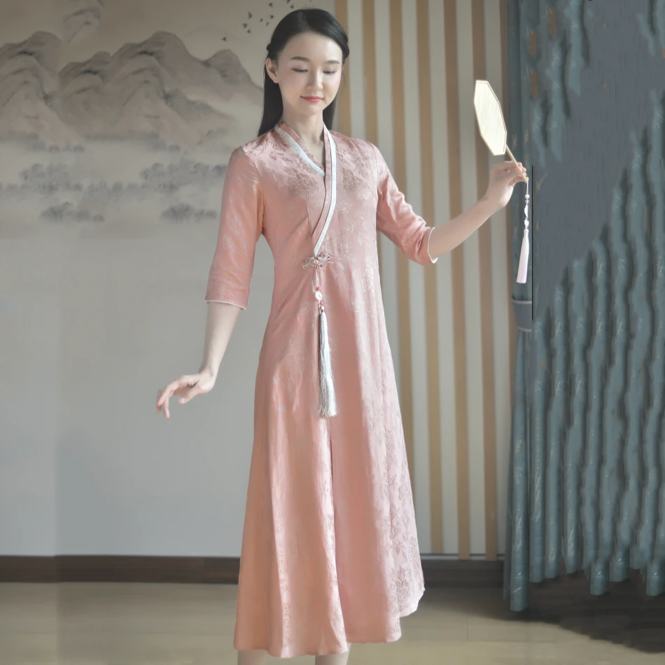 国风复古禅意茶服女天丝棉麻v领春夏仙气盘扣修身改良中式连衣裙