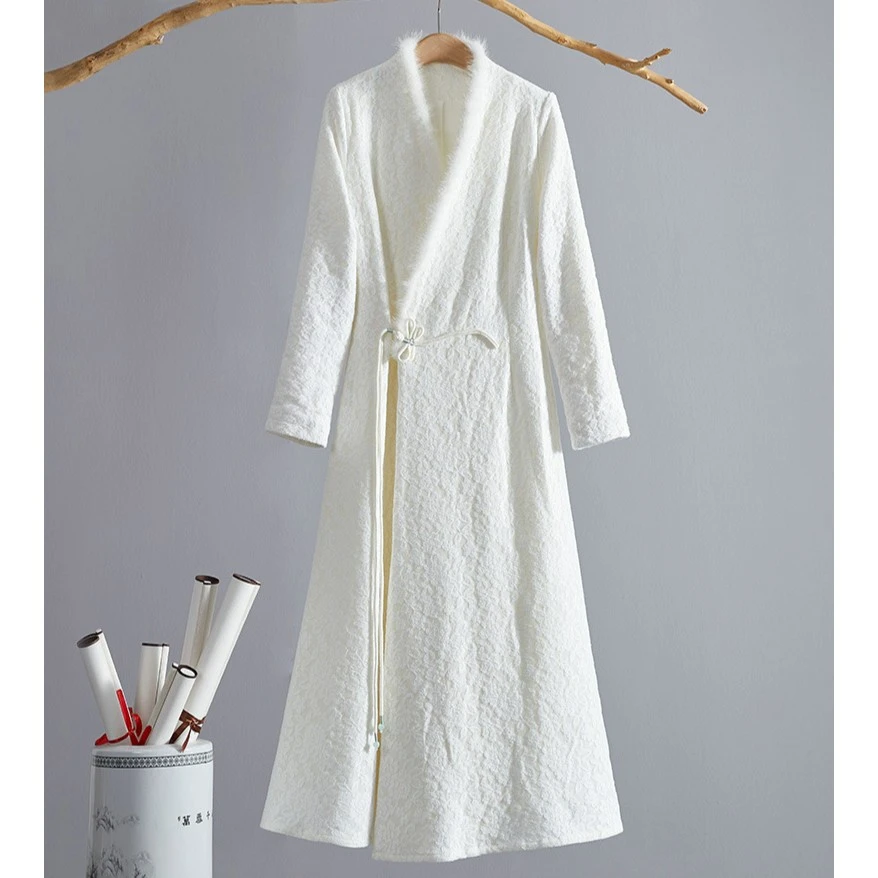 秋冬水貂毛茶服女一片式禅意加厚外套蕾丝针织提花改良汉服连衣裙