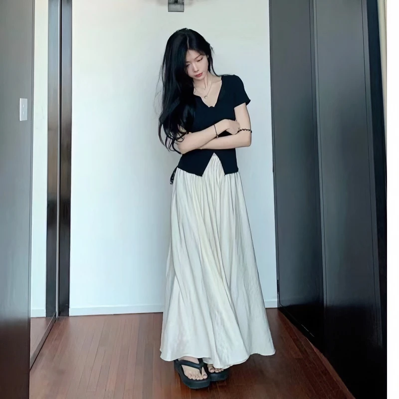 白色半身裙裤女夏季薄款松紧腰垂坠感高腰大摆裙A字长裙子休闲裙8