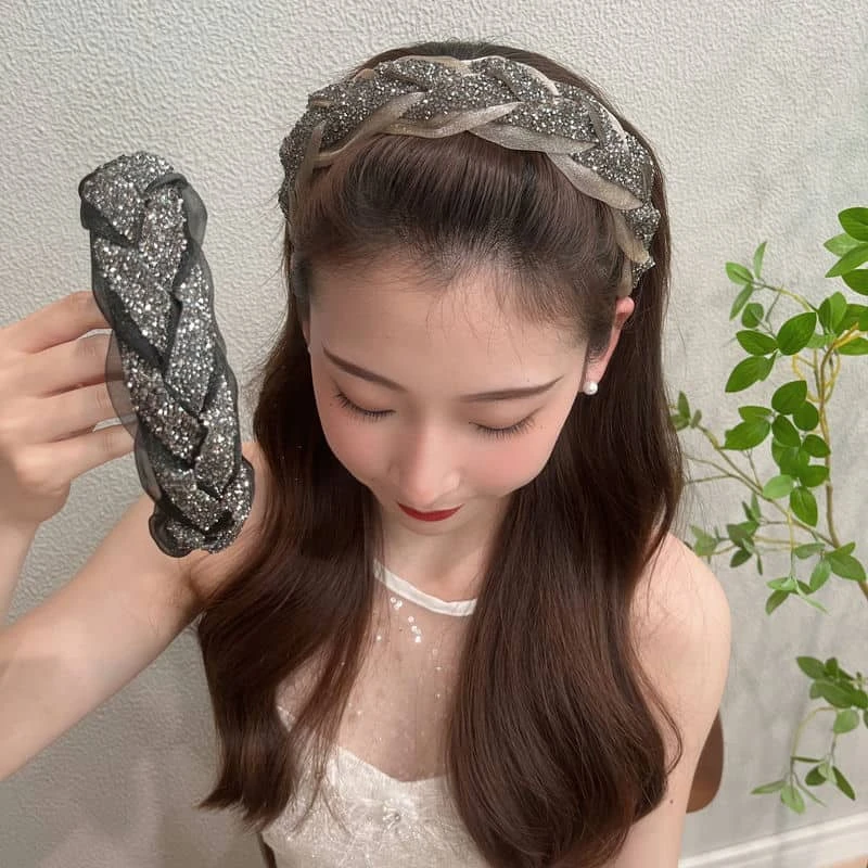 麻花辫重工水钻发箍女防滑带齿百搭发卡外出头箍