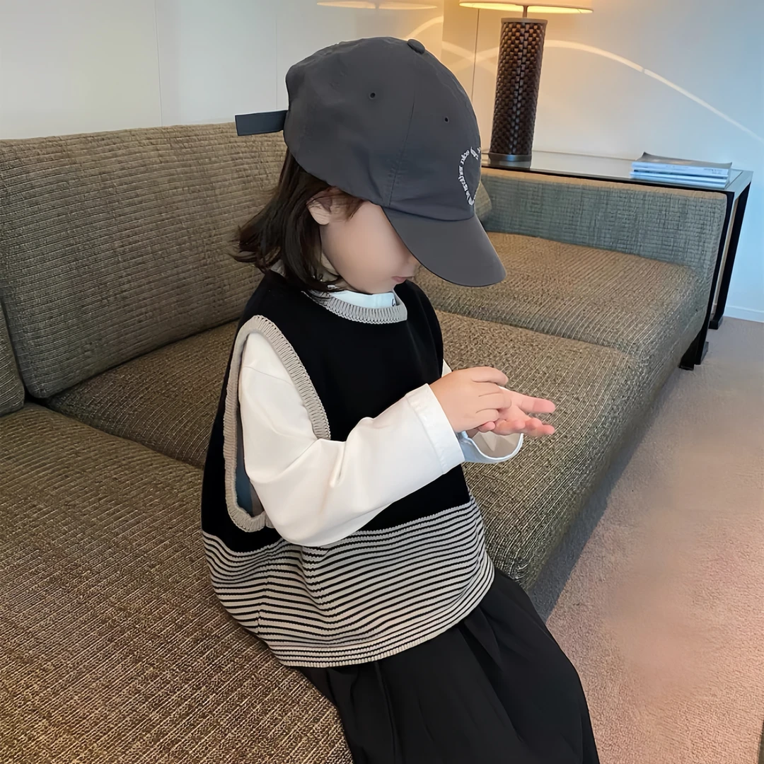 童装女童休闲洋气条纹针织毛衫背心马甲春秋儿童时尚宝宝秋季女宝