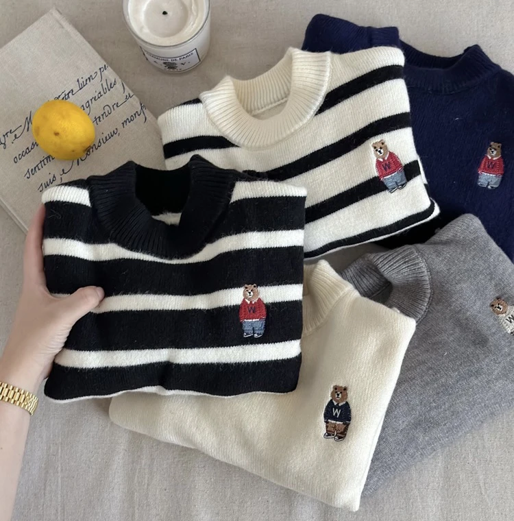 男女童新款卡通针织毛衣加绒加厚保暖套头秋冬宝宝毛线衣圆领冬季