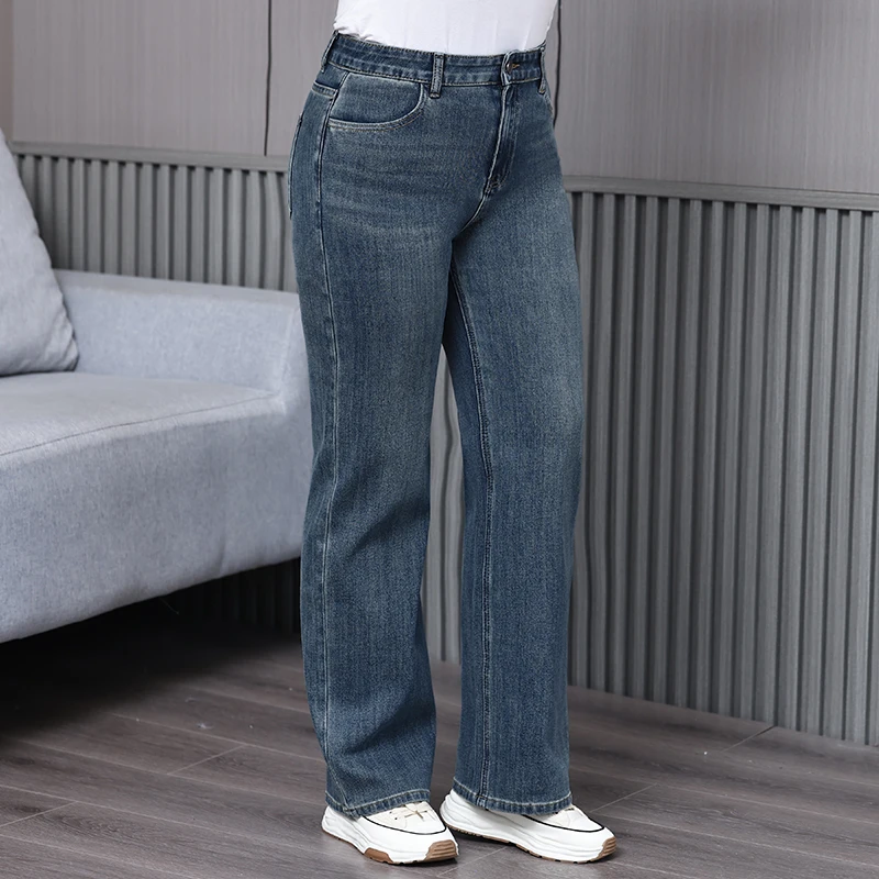 上档次垂感胖mm牛仔裤女2025秋冬新款大码弹力高腰休闲宽松直筒裤