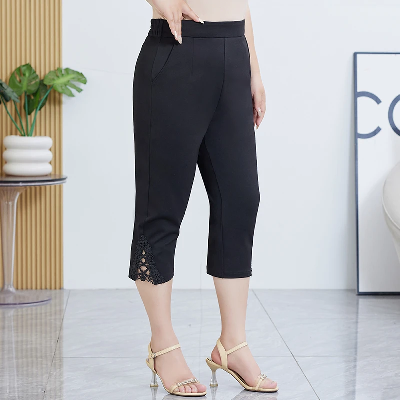 宽松七分裤女士大码夏季裤子2025新款胖mm弹力高腰黑色直筒中裤