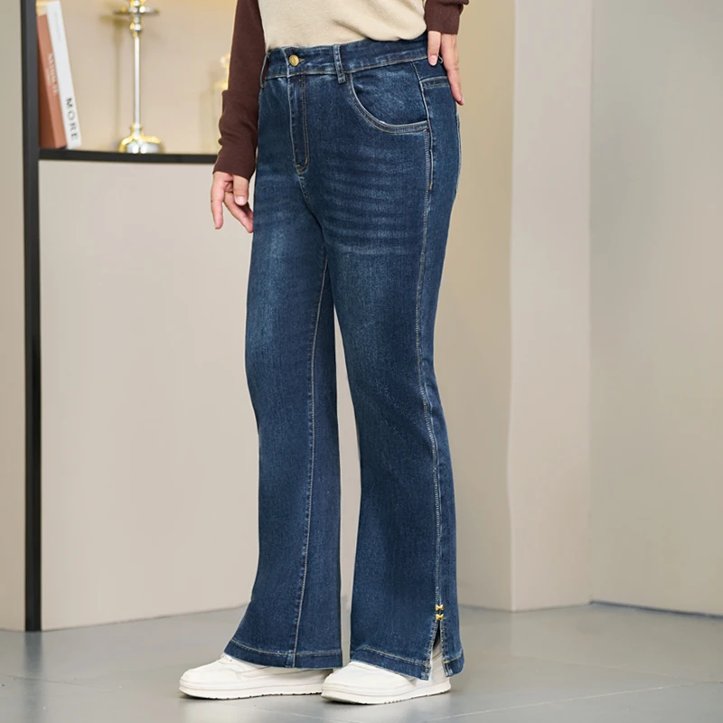 高腰大码微喇牛仔裤女2025秋季新款胖MM弹力烫钻休闲开叉喇叭裤